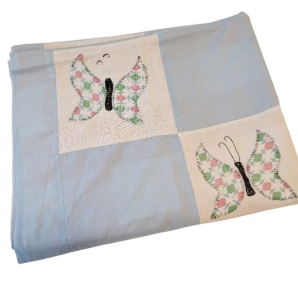 VINTAGE QUILT Butterfly Pastel Baby Blue Crib Nursery Embroidered Blanket - Picture 2 of 11